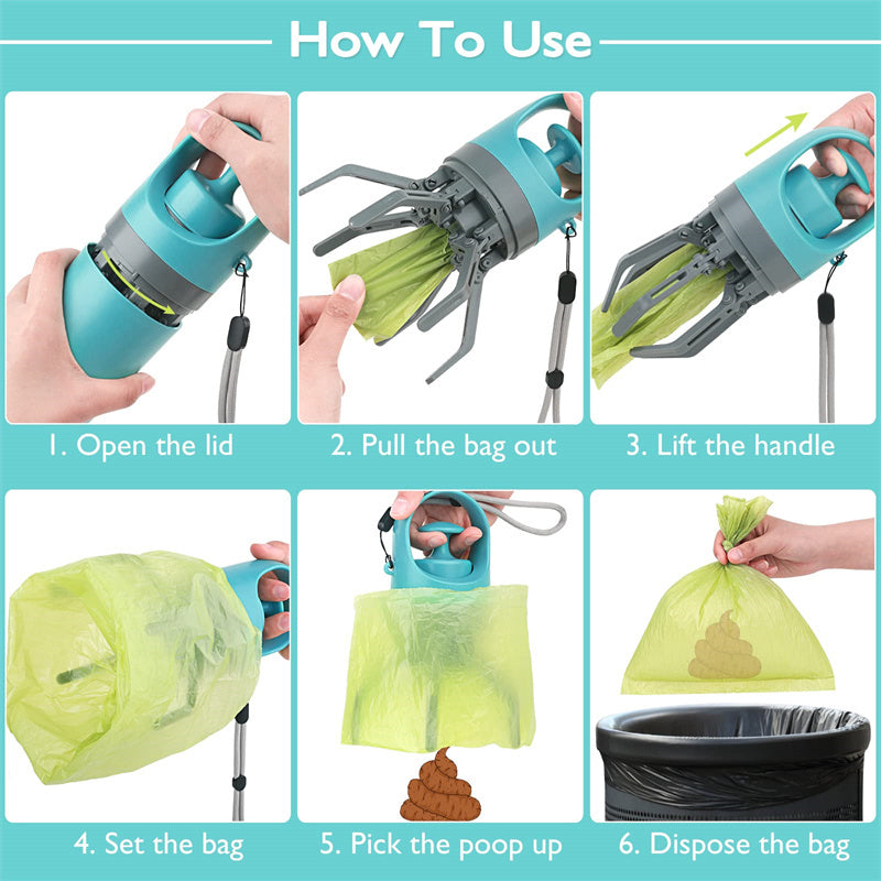 Portable Dog Pooper Scooper with Bag Dispenser and Eight Claw Shovel Design